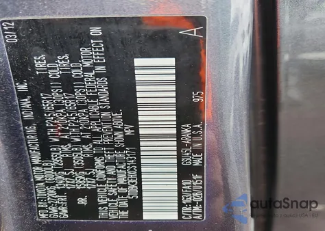 2012 Toyota Highlander Base из США, поврежденный, VIN 5TDBK3EHXCS143171